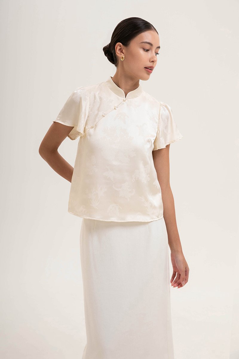 MYOKO FLORAL SATIN FLUTTER SLEEVE CHEONGSAM TOP