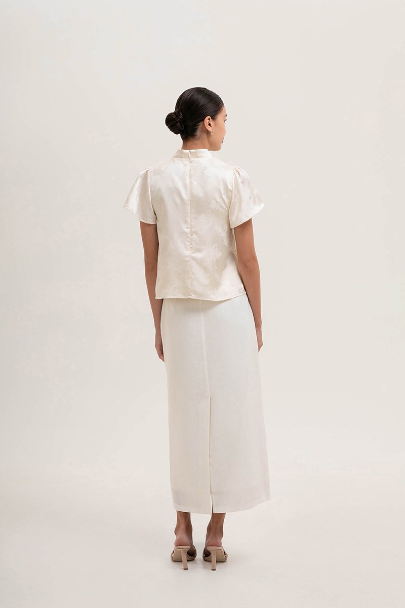 MYOKO FLORAL SATIN FLUTTER SLEEVE CHEONGSAM TOP