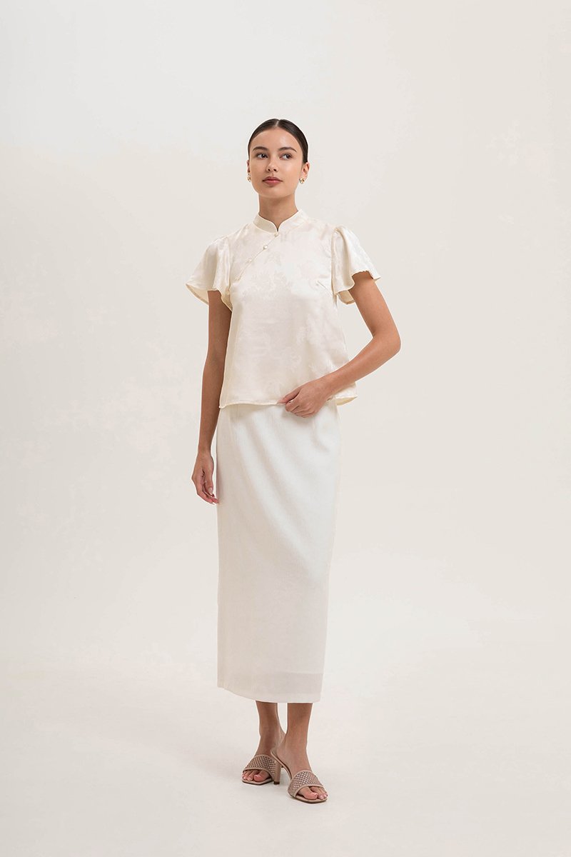 MYOKO FLORAL SATIN FLUTTER SLEEVE CHEONGSAM TOP