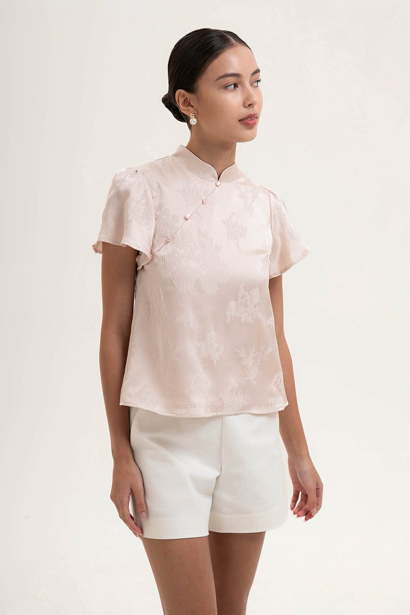 *BACKORDER* MYOKO FLORAL SATIN FLUTTER SLEEVE CHEONGSAM TOP