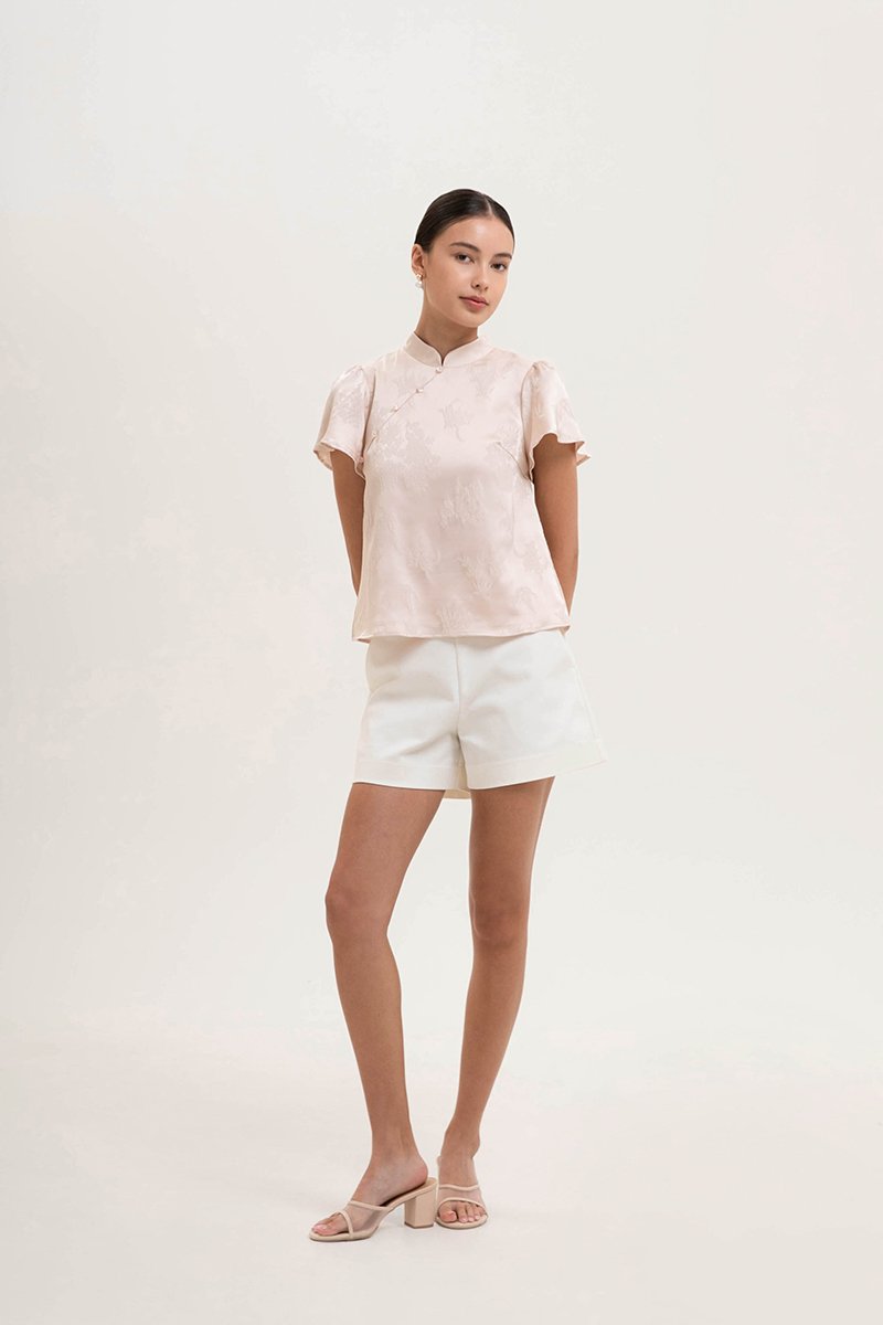 *BACKORDER* MYOKO FLORAL SATIN FLUTTER SLEEVE CHEONGSAM TOP