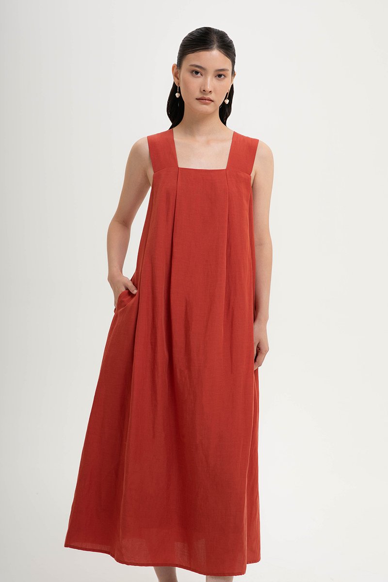 TIFFIE LINEN VBACK MIDI DRESS