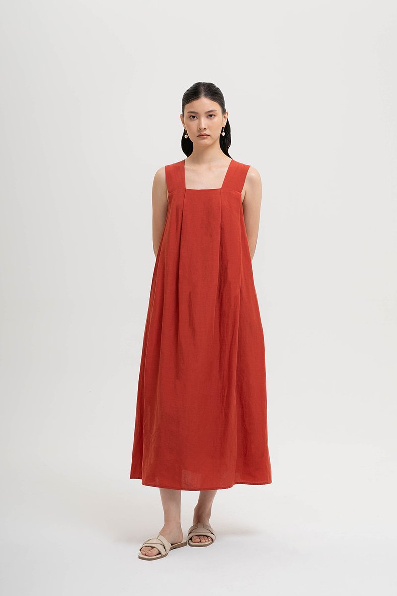 TIFFIE LINEN VBACK MIDI DRESS