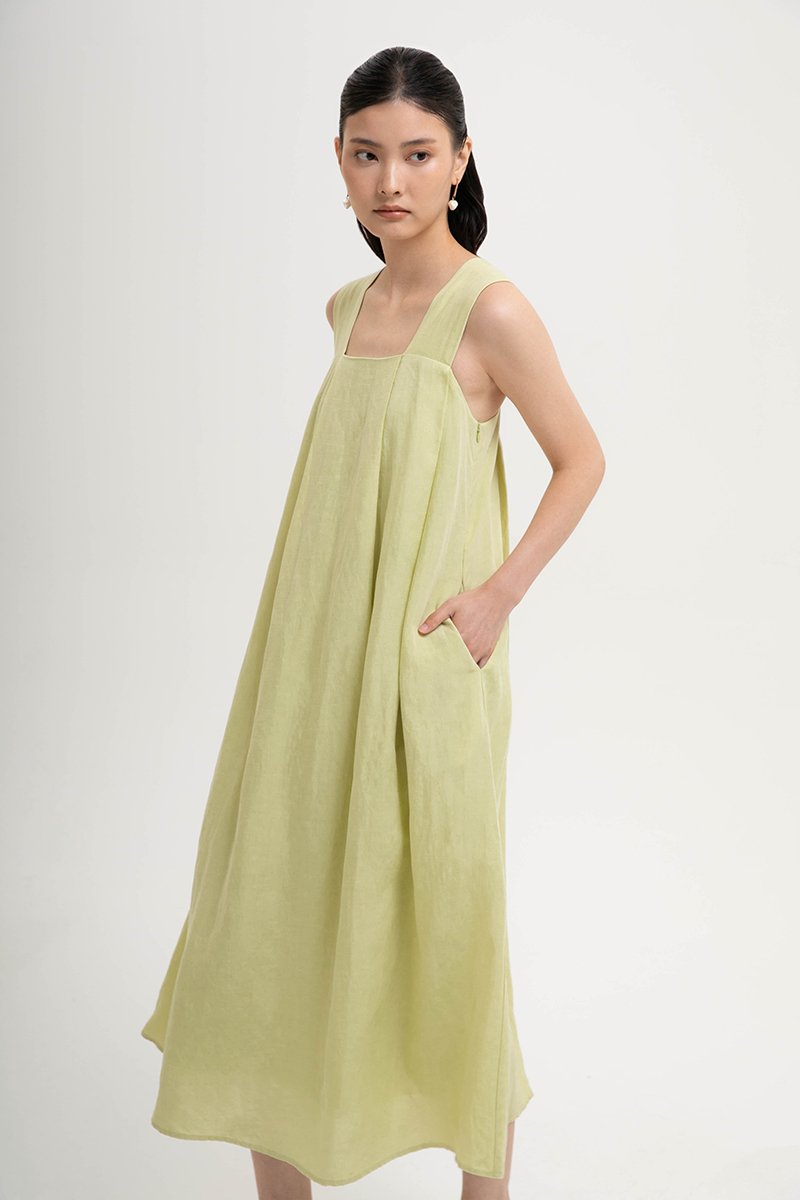 TIFFIE LINEN VBACK MIDI DRESS