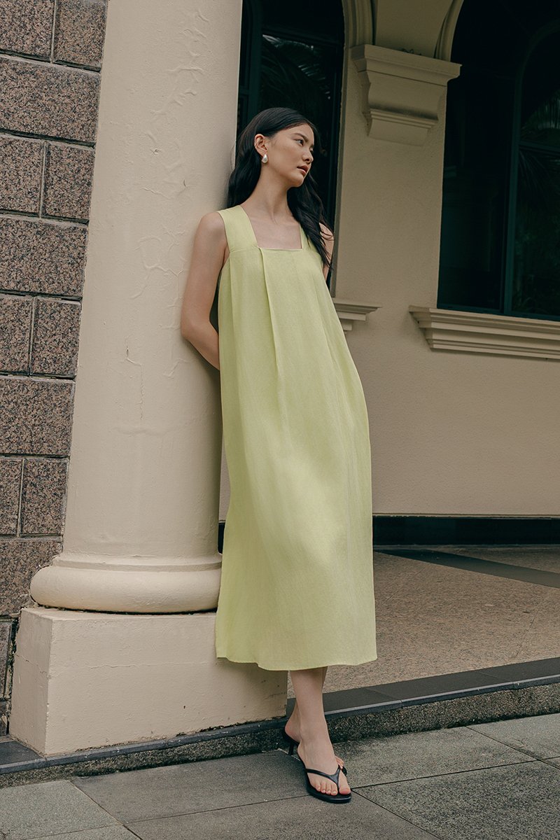 TIFFIE LINEN VBACK MIDI DRESS