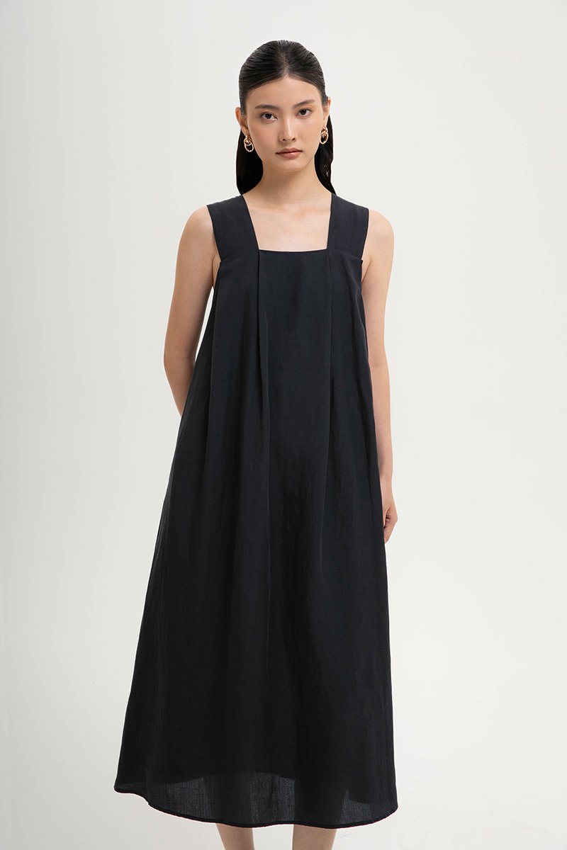 TIFFIE LINEN VBACK MIDI DRESS