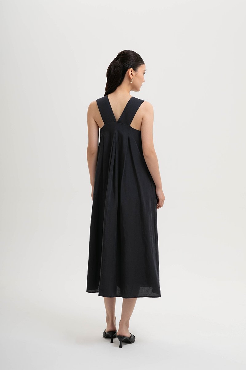 TIFFIE LINEN VBACK MIDI DRESS