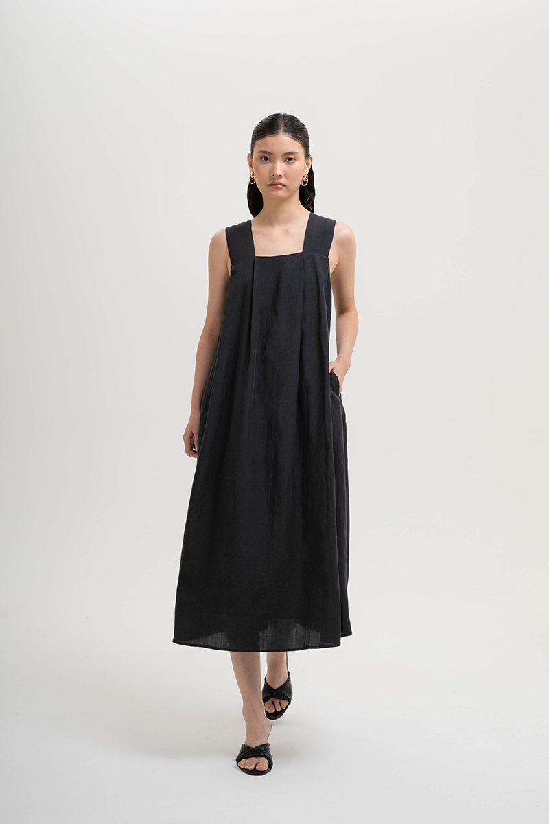 TIFFIE LINEN VBACK MIDI DRESS