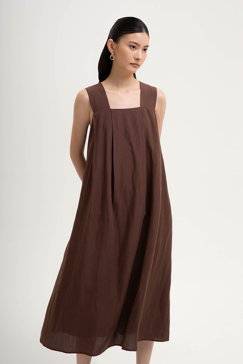 TIFFIE LINEN VBACK MIDI DRESS