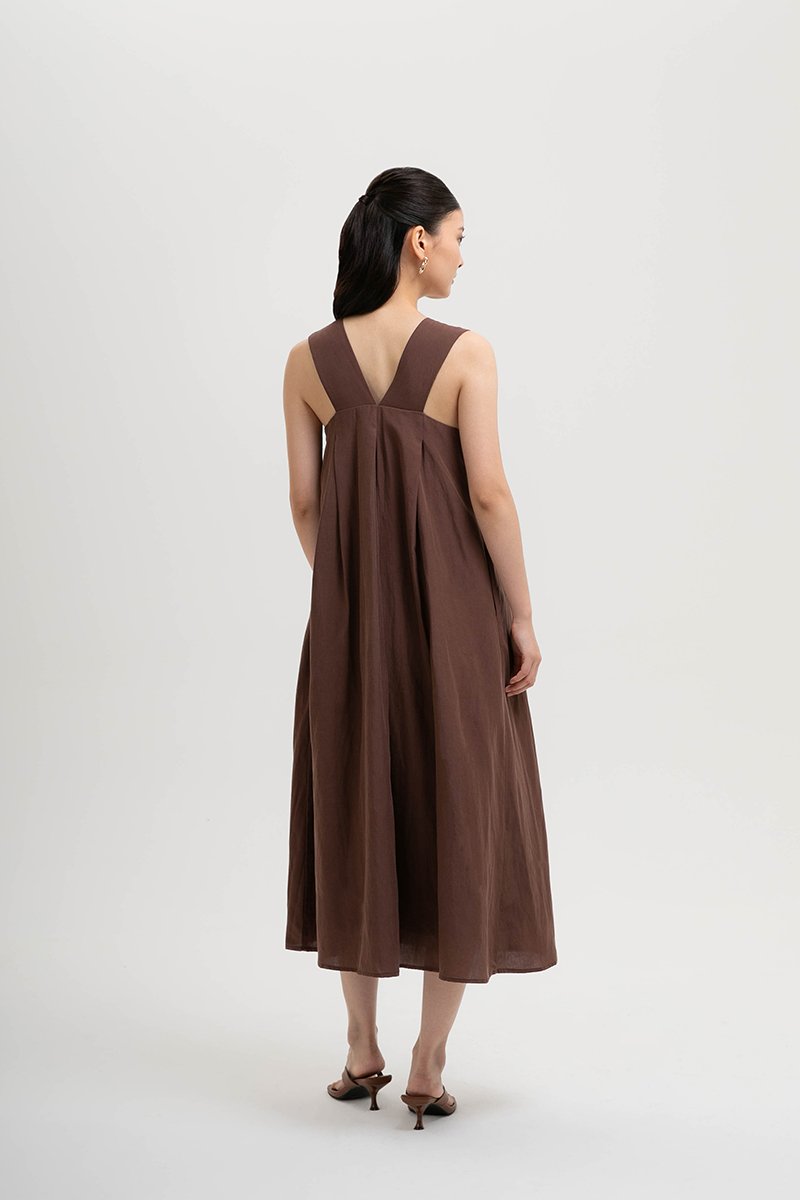 TIFFIE LINEN VBACK MIDI DRESS
