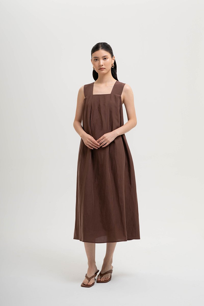 TIFFIE LINEN VBACK MIDI DRESS