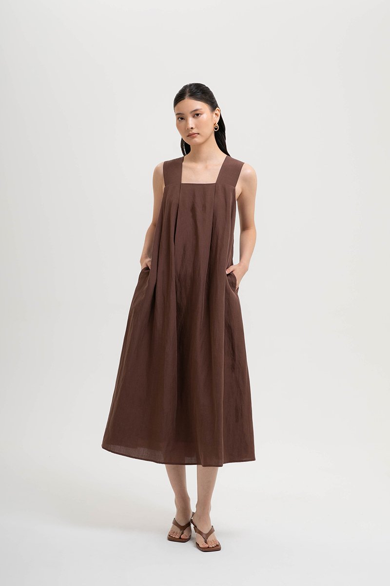 TIFFIE LINEN VBACK MIDI DRESS