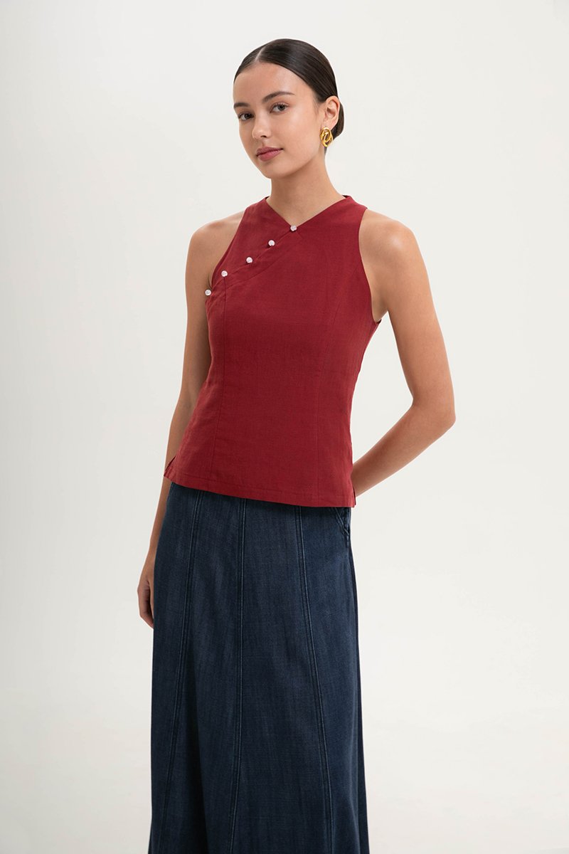 PEARLENE CHEONGSAM LINEN TOP