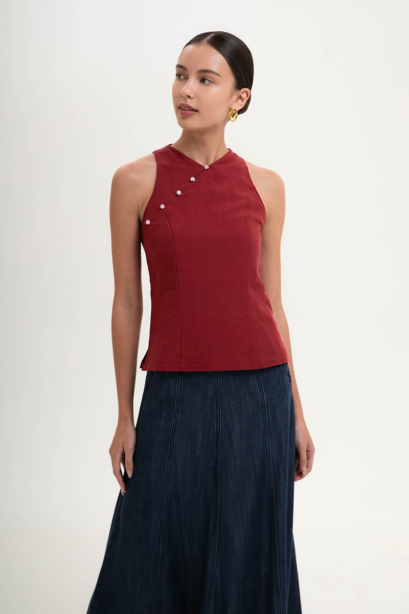 PEARLENE CHEONGSAM LINEN TOP