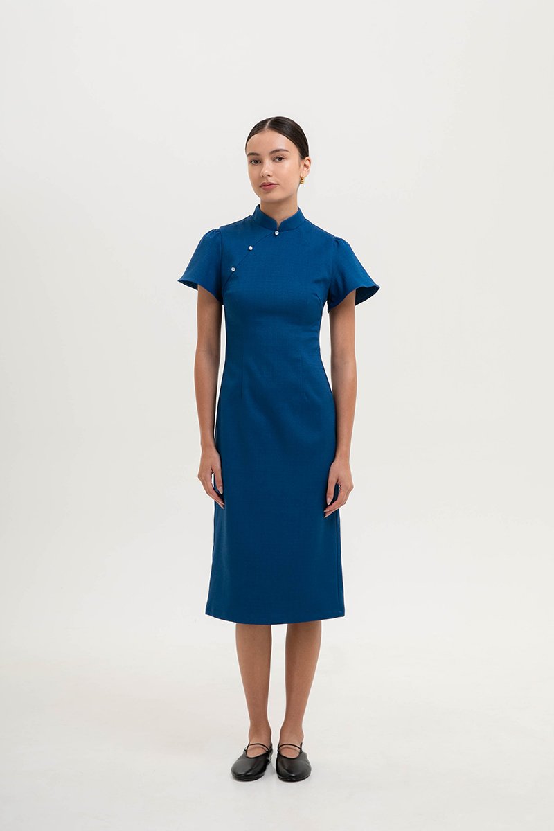 *PREORDER* AKIRA TWEED FLUTTER SLEEVE CHEONGSAM MIDI DRESS