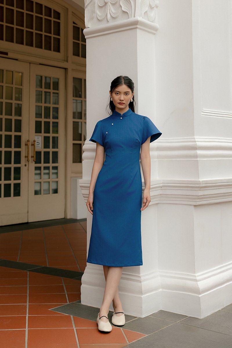 *PREORDER* AKIRA TWEED FLUTTER SLEEVE CHEONGSAM MIDI DRESS