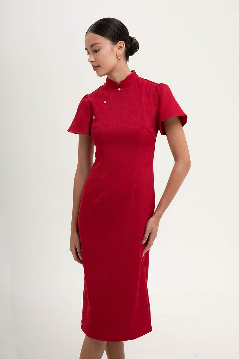 *PREORDER* AKIRA TWEED FLUTTER SLEEVE CHEONGSAM MIDI DRESS