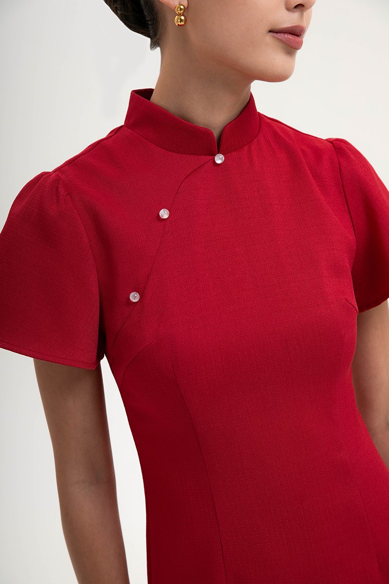 *PREORDER* AKIRA TWEED FLUTTER SLEEVE CHEONGSAM MIDI DRESS