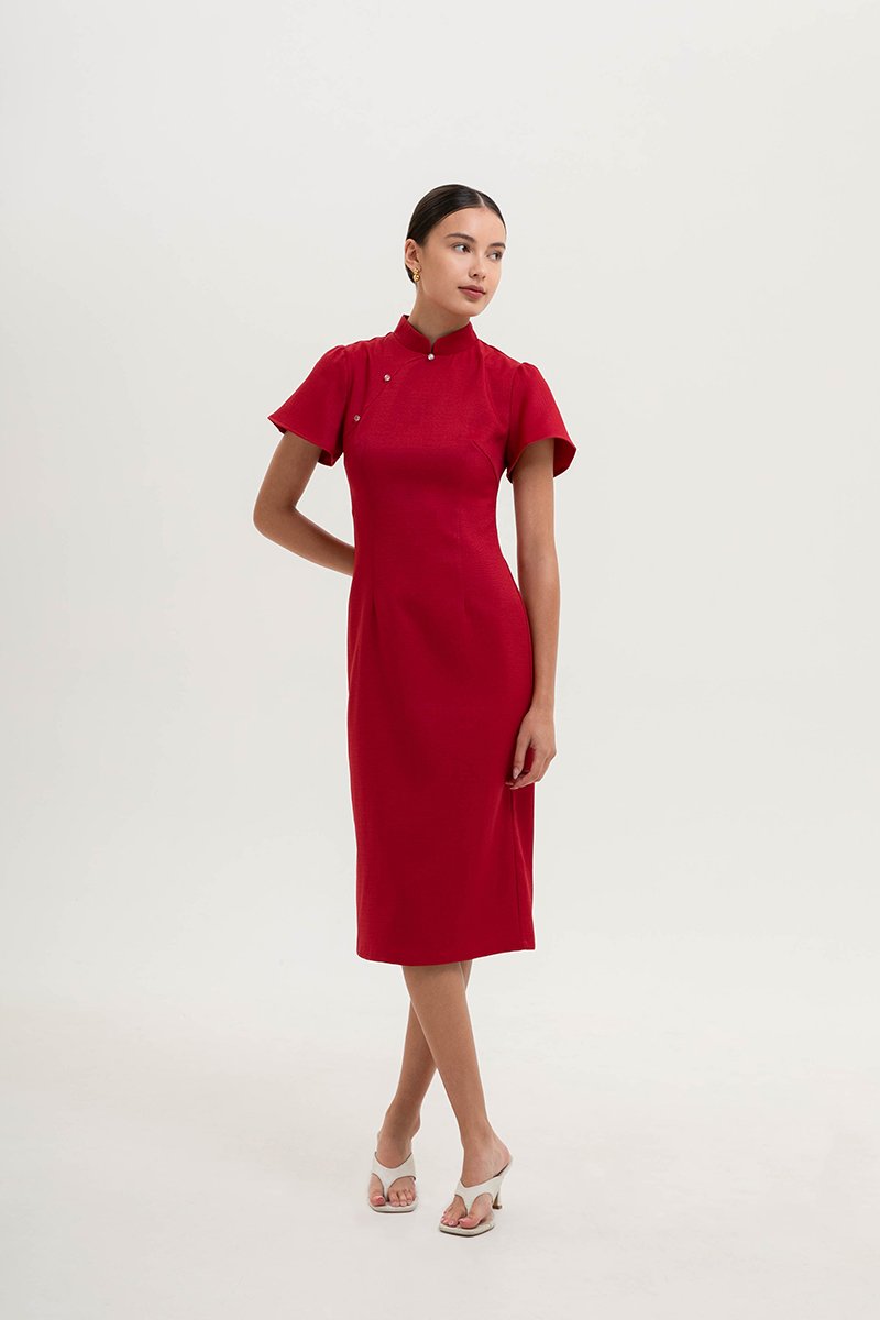 *PREORDER* AKIRA TWEED FLUTTER SLEEVE CHEONGSAM MIDI DRESS