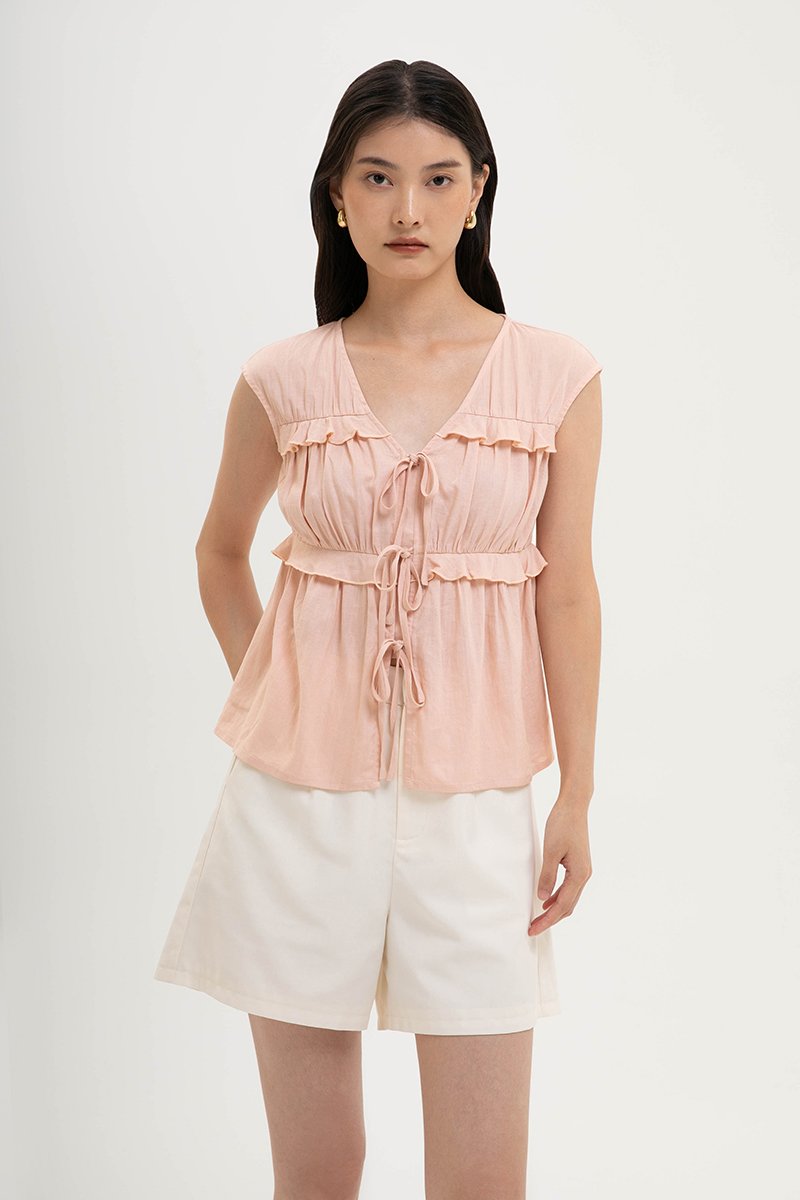 MELLISA RUFFLE TIE FRONT LINEN TOP