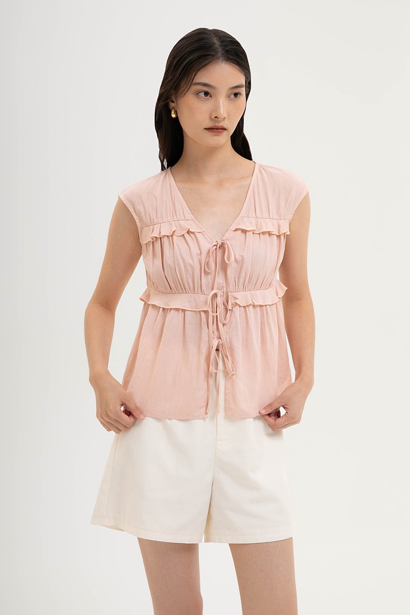 MELLISA RUFFLE TIE FRONT LINEN TOP