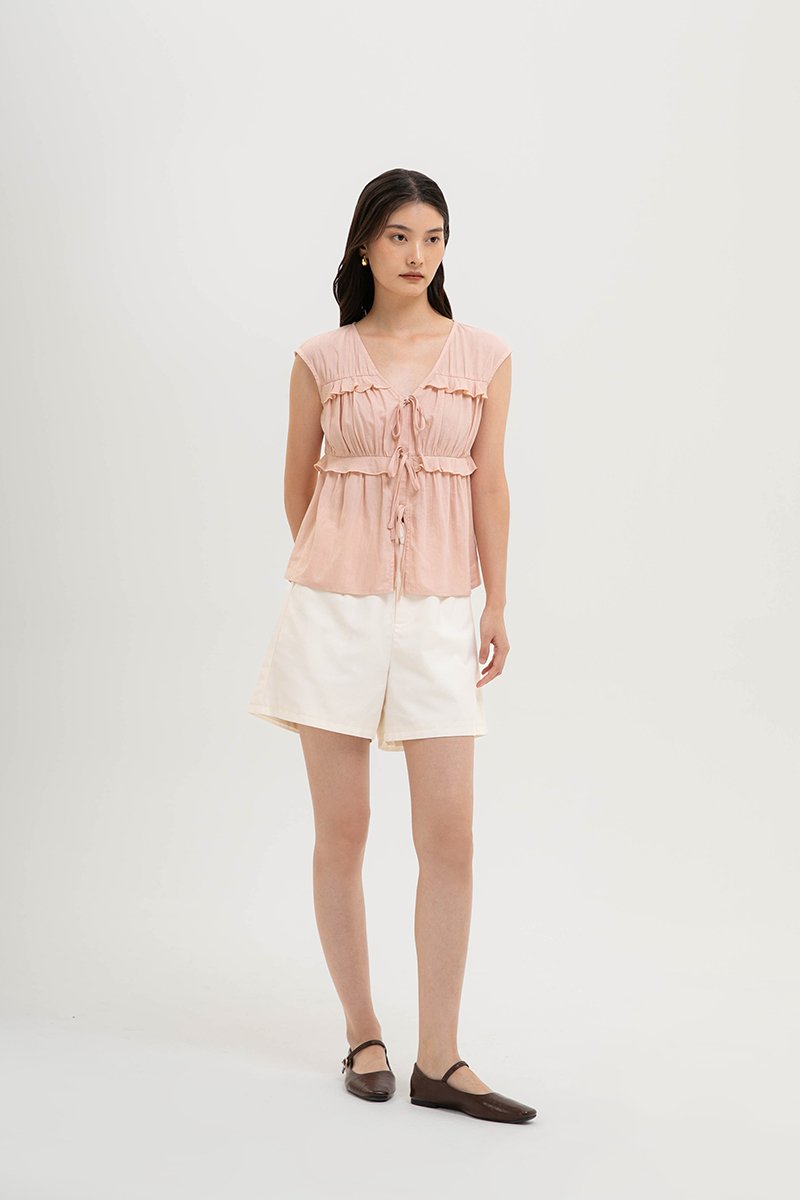 MELLISA RUFFLE TIE FRONT LINEN TOP