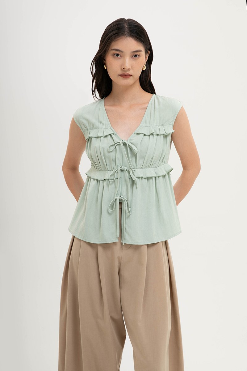 MELLISA RUFFLE TIE FRONT LINEN TOP