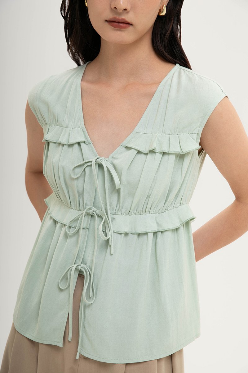MELLISA RUFFLE TIE FRONT LINEN TOP