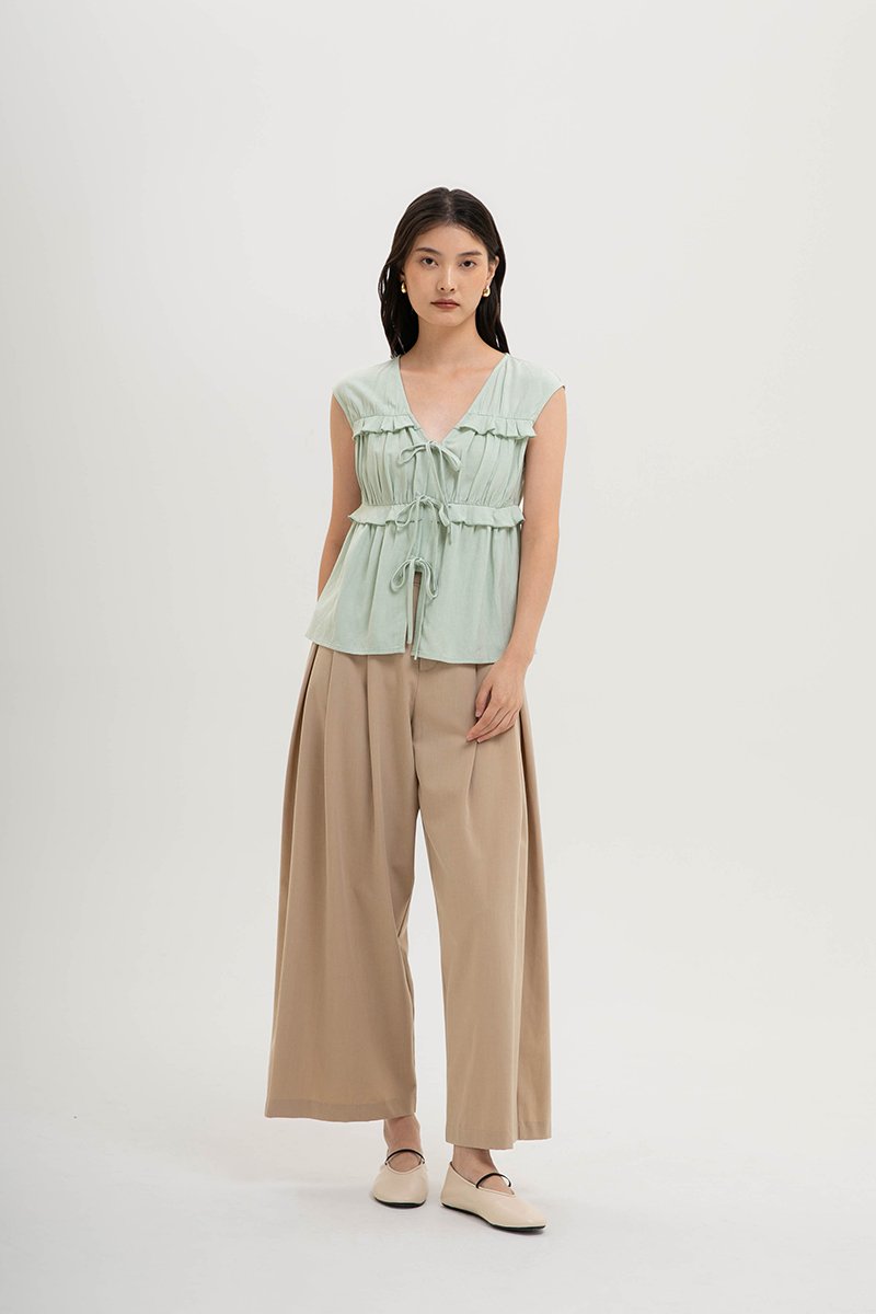 MELLISA RUFFLE TIE FRONT LINEN TOP