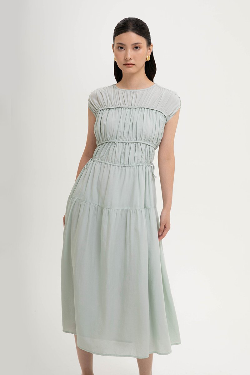 MANDY RUCHED TIERED MIDI DRESS