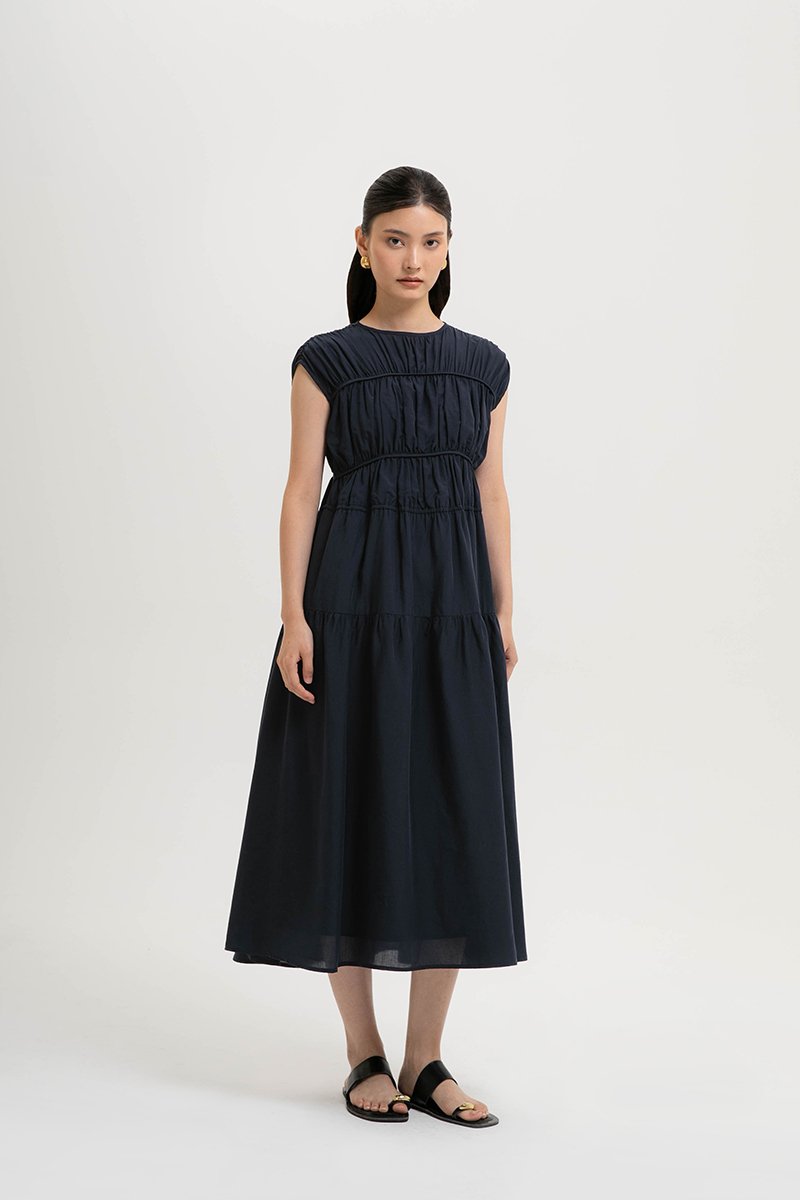 MANDY RUCHED TIERED MIDI DRESS
