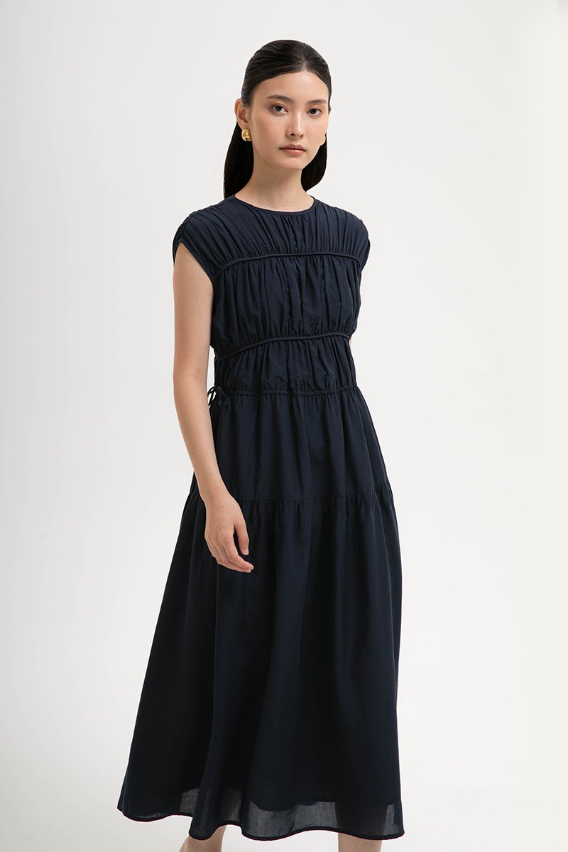 MANDY RUCHED TIERED MIDI DRESS
