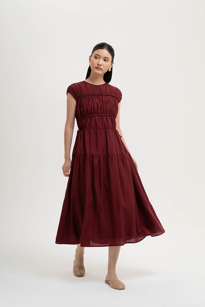 MANDY RUCHED TIERED MIDI DRESS