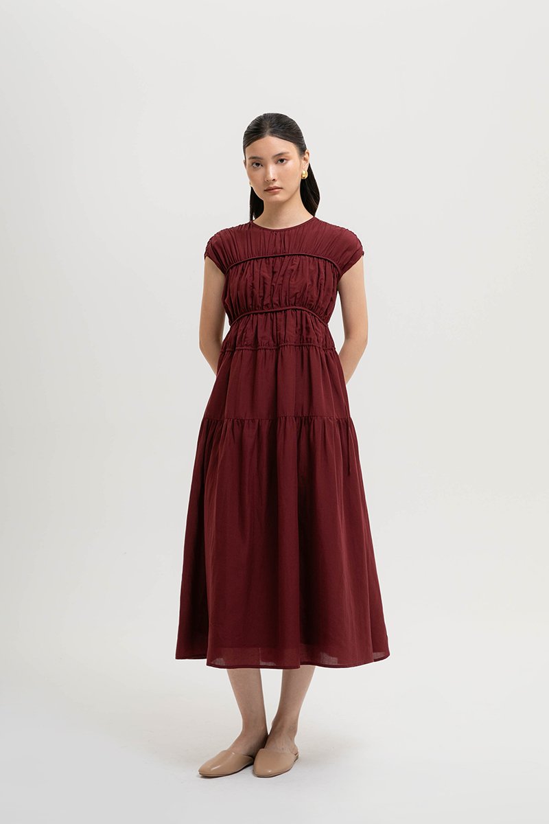 MANDY RUCHED TIERED MIDI DRESS