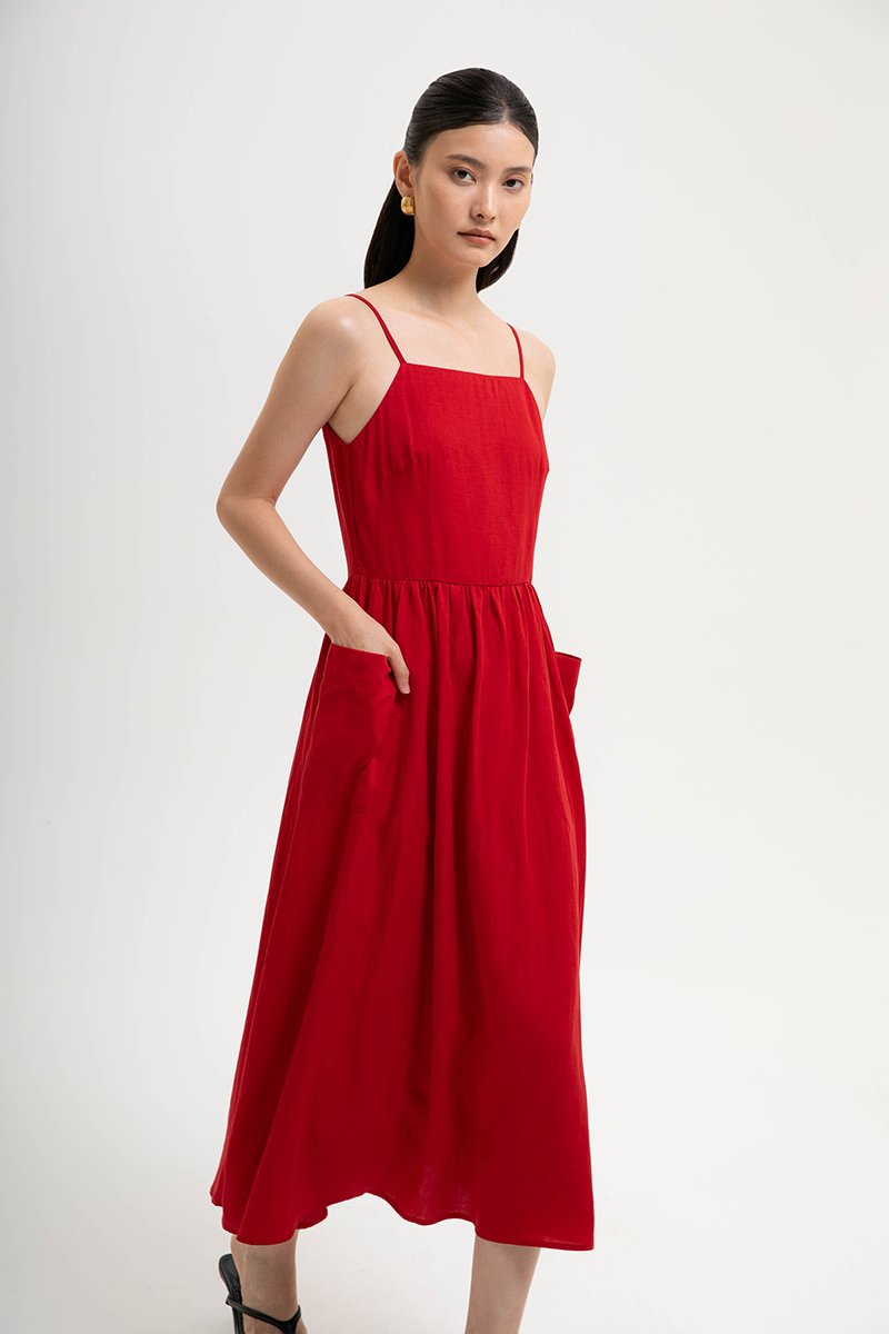 EVELINA PATCH POCKET LINEN DRESS