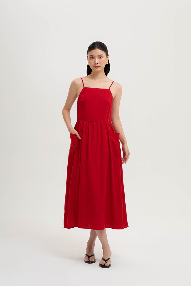 EVELINA PATCH POCKET LINEN DRESS