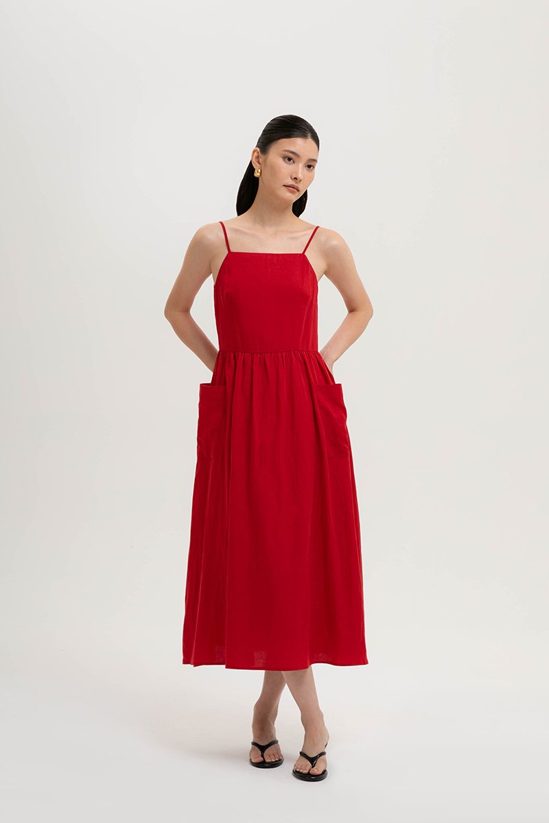 EVELINA PATCH POCKET LINEN DRESS