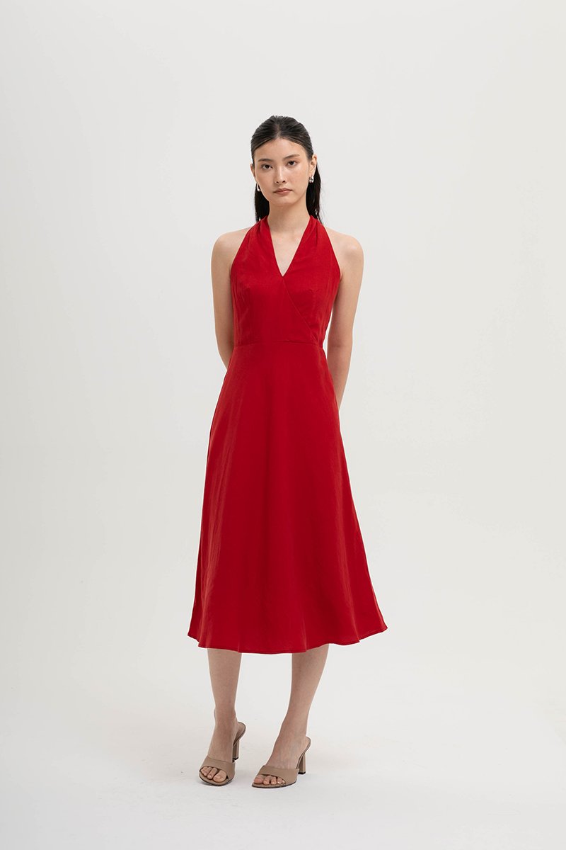 INDRA HALTER NECK BIAS LINEN DRESS