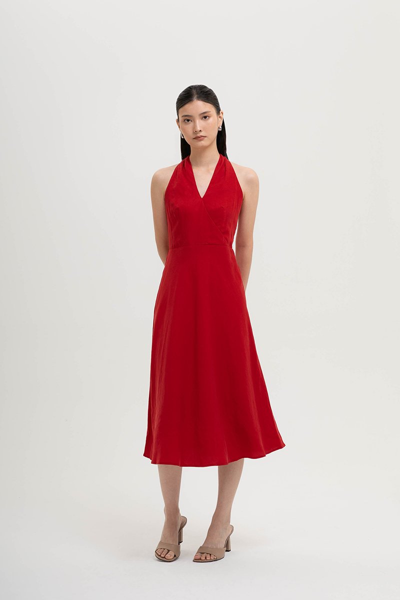 INDRA HALTER NECK BIAS LINEN DRESS