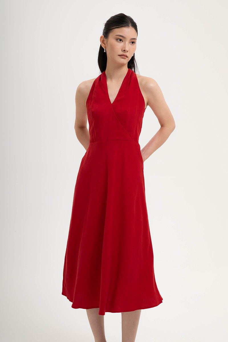 INDRA HALTER NECK BIAS LINEN DRESS