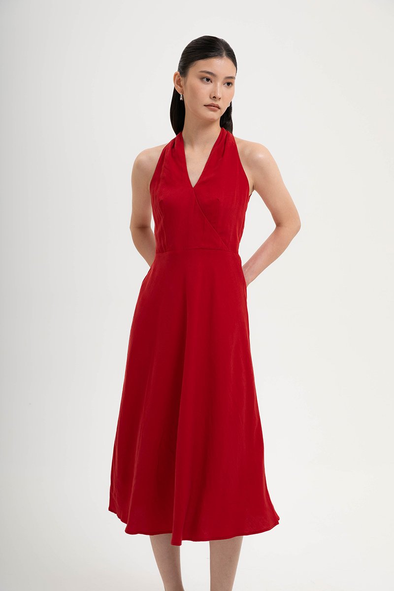 INDRA HALTER NECK BIAS LINEN DRESS