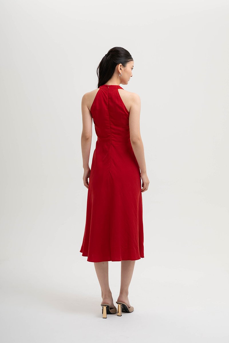 INDRA HALTER NECK BIAS LINEN DRESS