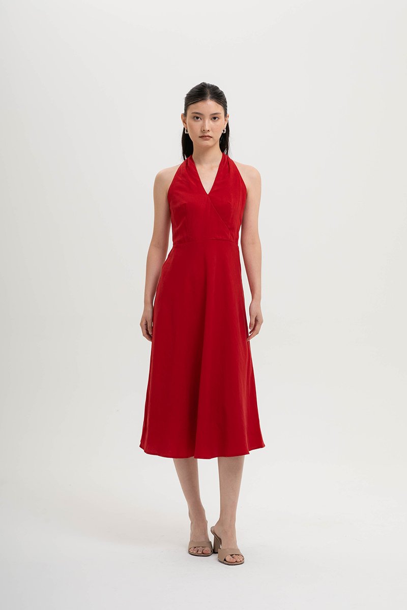 INDRA HALTER NECK BIAS LINEN DRESS