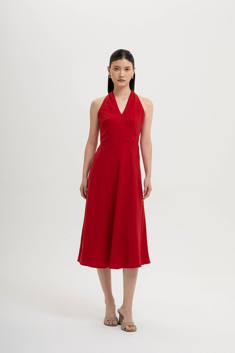 INDRA HALTER NECK BIAS LINEN DRESS