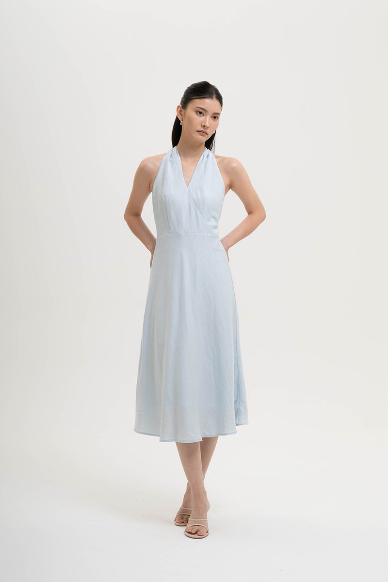 INDRA HALTER NECK BIAS LINEN DRESS
