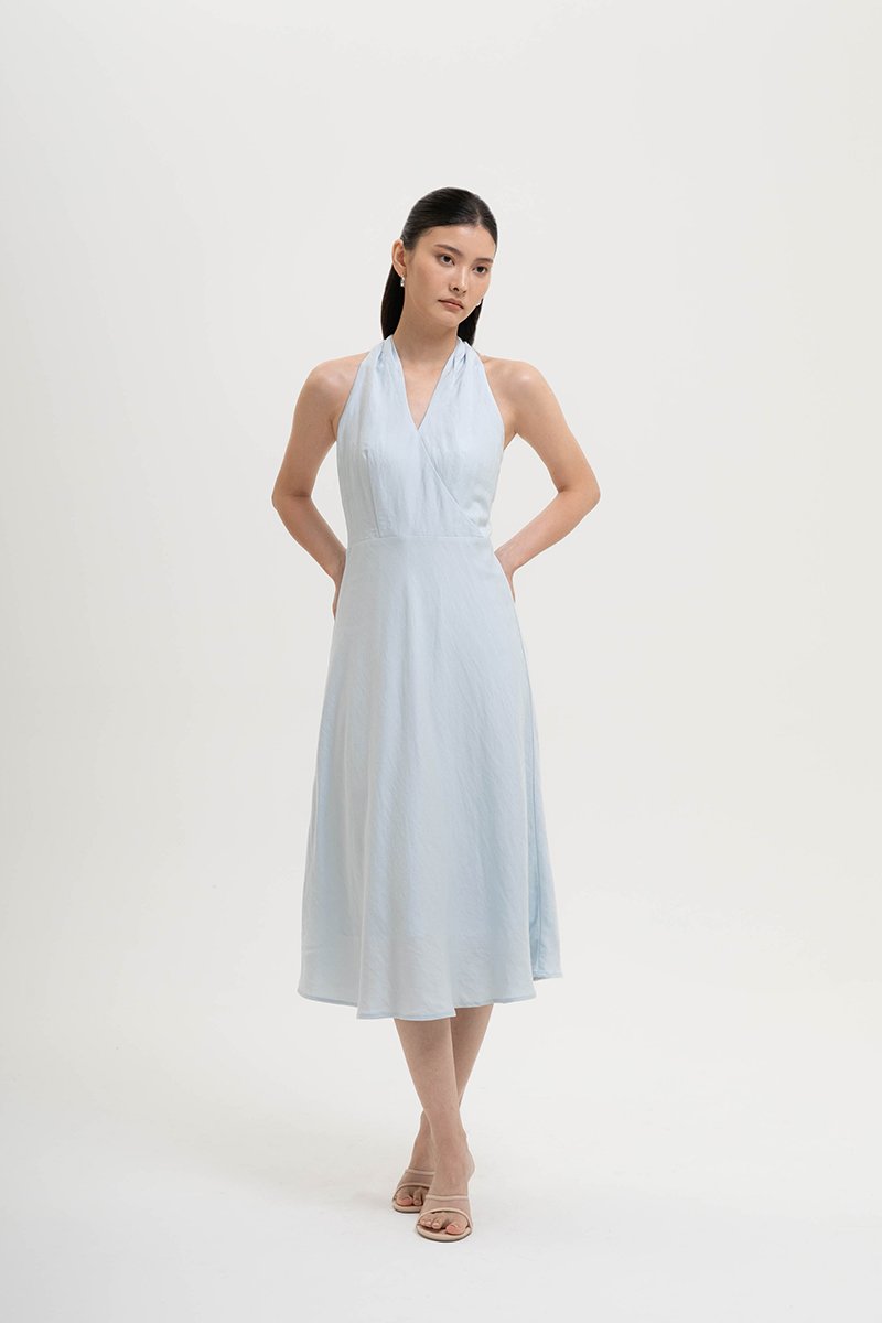 INDRA HALTER NECK BIAS LINEN DRESS