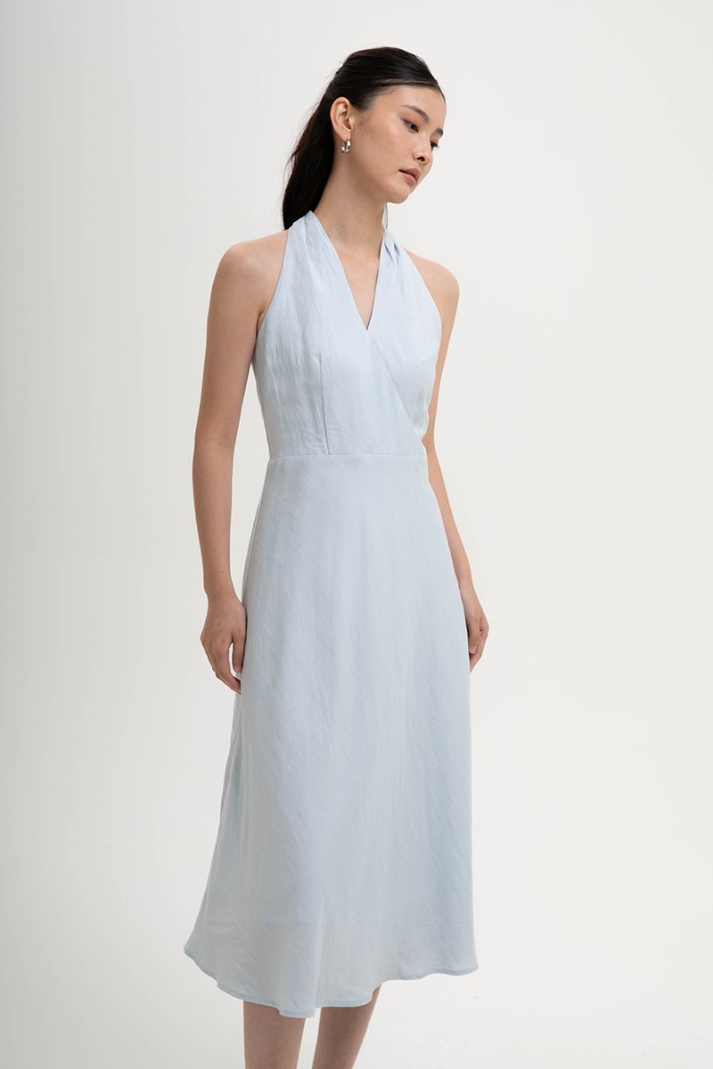 INDRA HALTER NECK BIAS LINEN DRESS