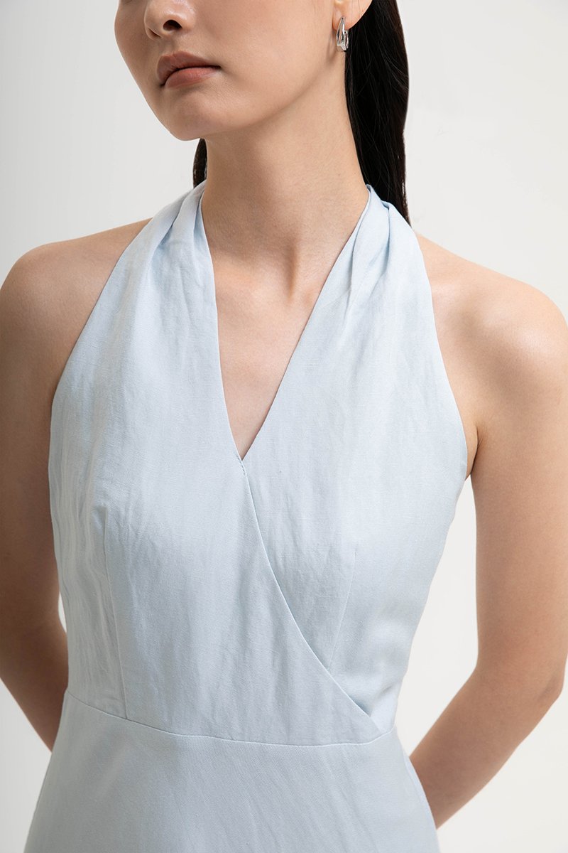 INDRA HALTER NECK BIAS LINEN DRESS