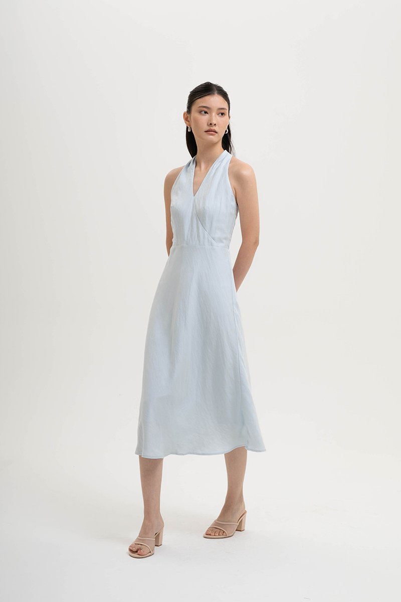 INDRA HALTER NECK BIAS LINEN DRESS
