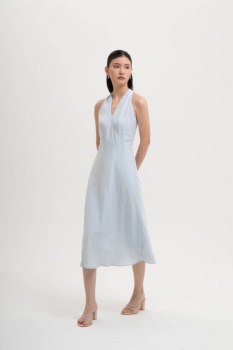 INDRA HALTER NECK BIAS LINEN DRESS